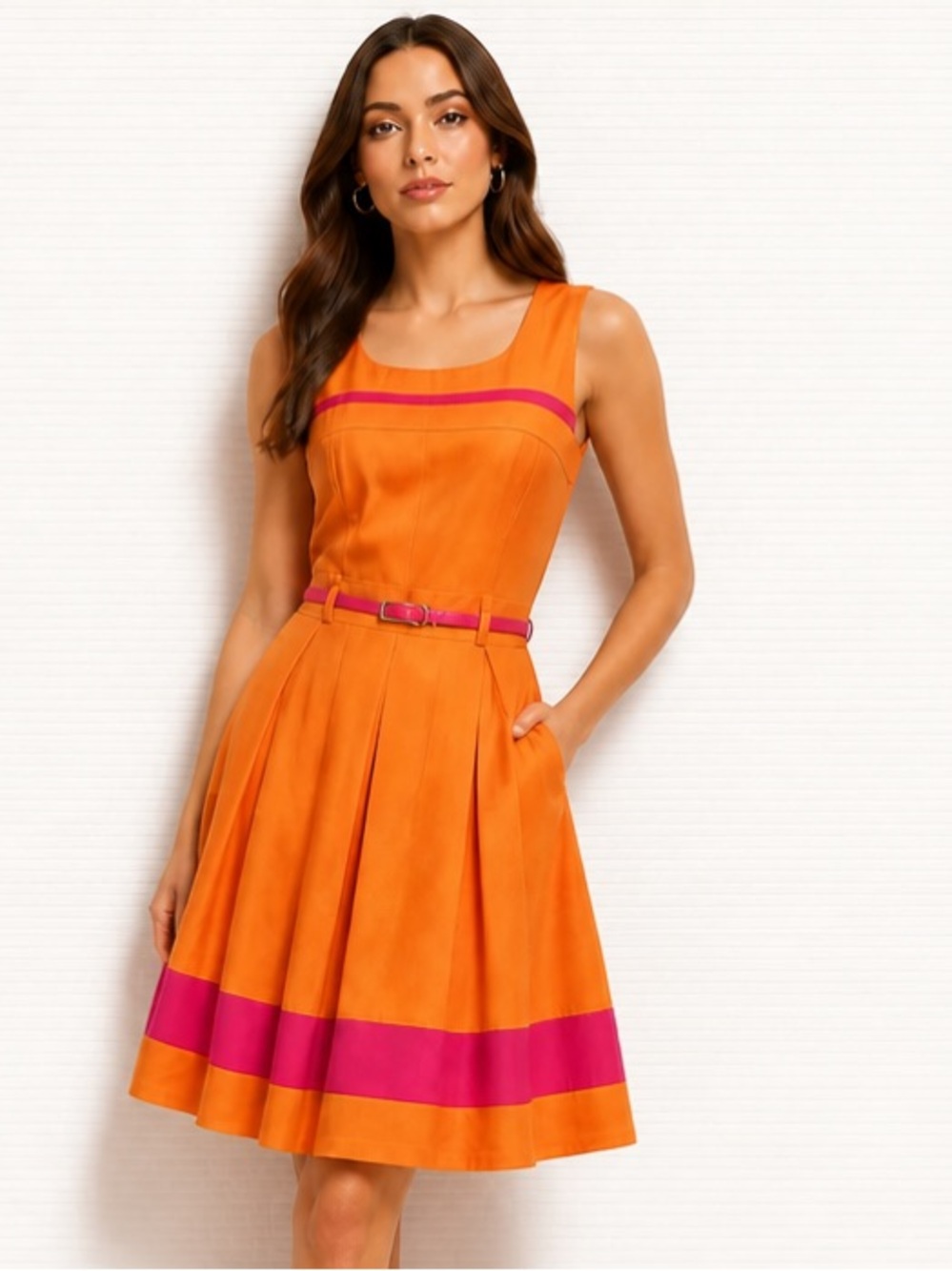 YUMI Dress Orange Fushia Pink Belted Pleated Sleeveless Open Back